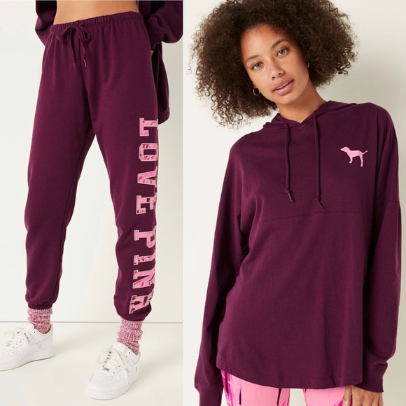 VS PINK M Maroon SHINE Classic Sweatpants & Matching Hooded Tee 2 Piece SET